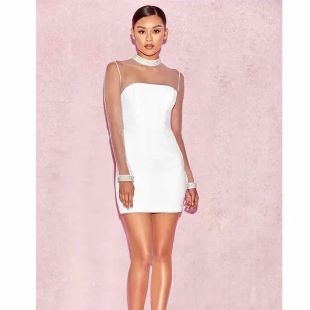 House of CB White Mini Dress with Silver Rhinestone Accents